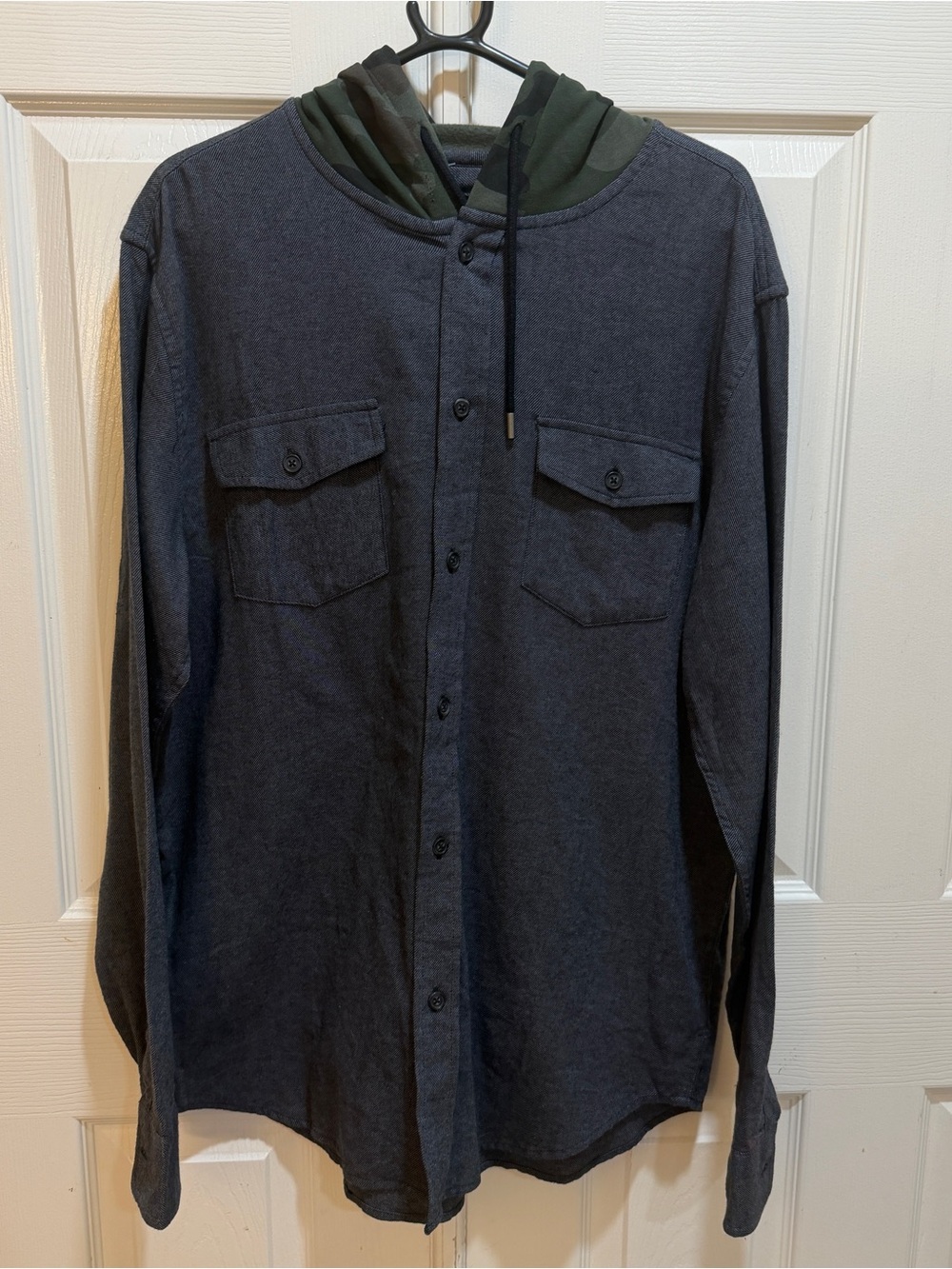 Urban Pipeline New Charcoal Button-Up Shirt with Camo Hood
